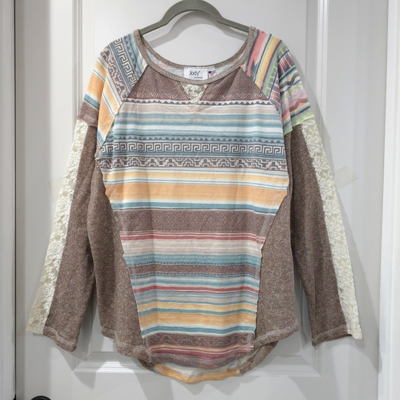 JODY CALI Colorful Native Aztec Striped Long Sleeve, French Terry, Lace, XL - Picture 1 of 16